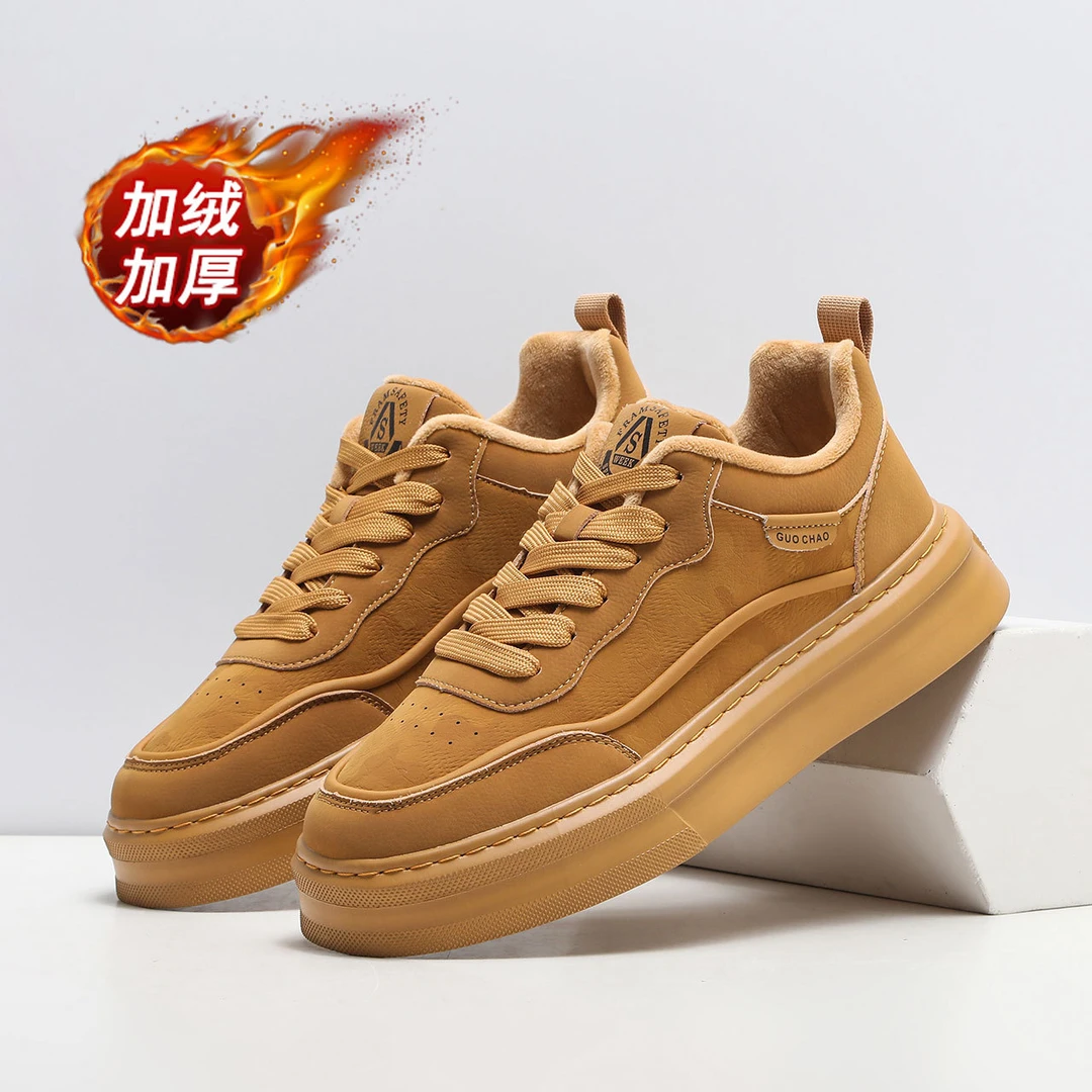 冬季爆款男鞋2024新款加绒黑色板鞋迷彩真皮休闲增高百搭运动潮鞋