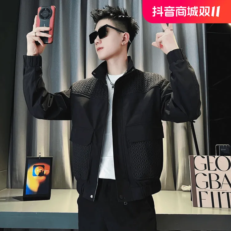 休闲立领外套上衣服男装痞帅2024新款春秋季帅气潮牌拼接潮流夹克