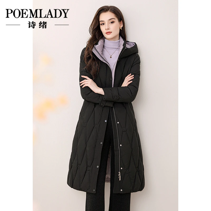 诗绪65462时尚连帽轻薄白鸭绒羽绒服女2024秋冬新款保暖过膝外套