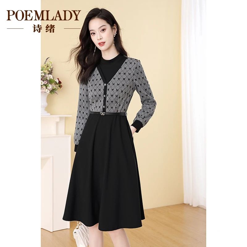 诗绪63235半高领千鸟格提花针织连衣裙女秋冬2023新款假两件裙子