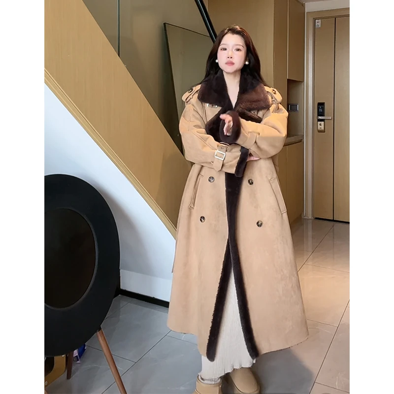 冬季新款皮毛一体仿羊羔毛外套女中长款麂皮绒大衣高级宽松