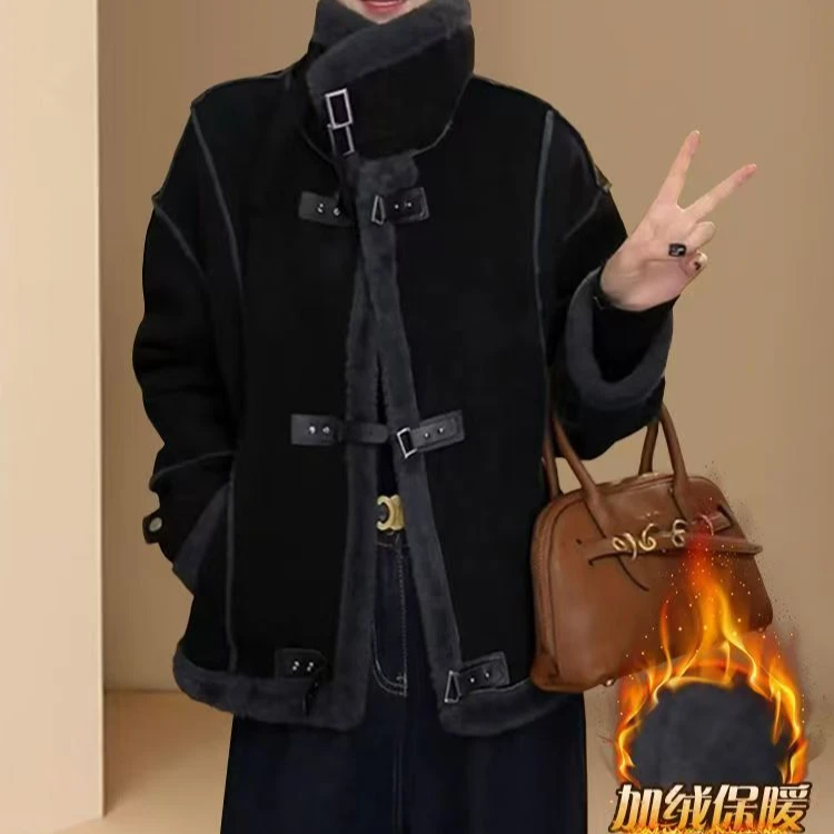 【熙玥166】新款时尚百搭复古加绒加厚翻加绒厚短外套