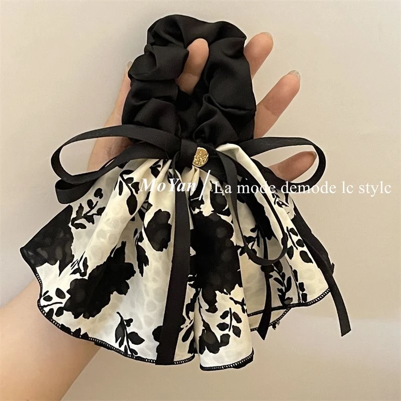 复古印花蝴蝶结水墨裙摆发圈头绳女温柔优雅发绳飘带大肠圈