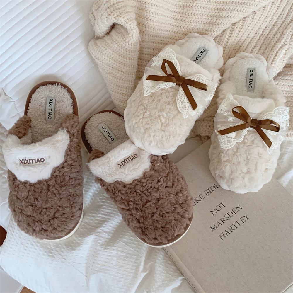 网红时尚创意蕾丝蝴蝶结女士月子鞋休闲百搭防滑保暖情侣棉拖鞋男