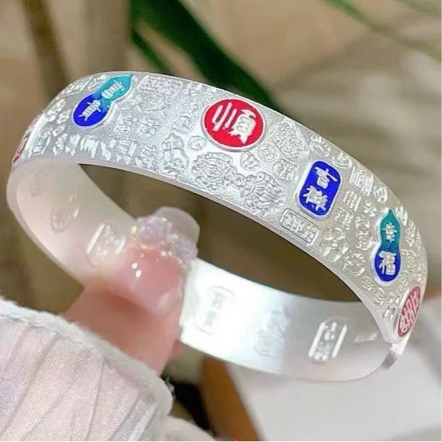 足银手镯 珐琅黄财神民族风开口足银实心手镯SY560