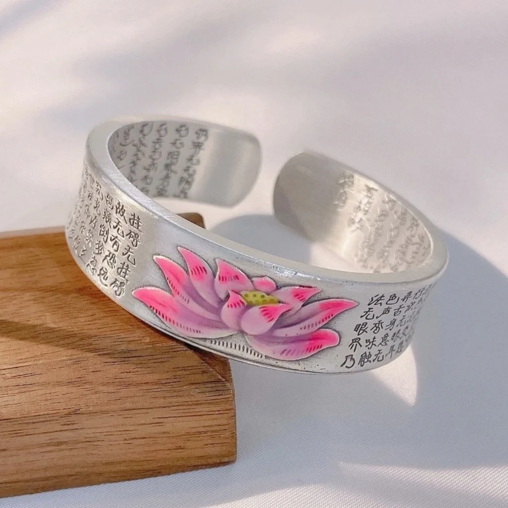 足银珐琅手镯 [珐琅彩复古做旧宽面心经开口手镯SY417