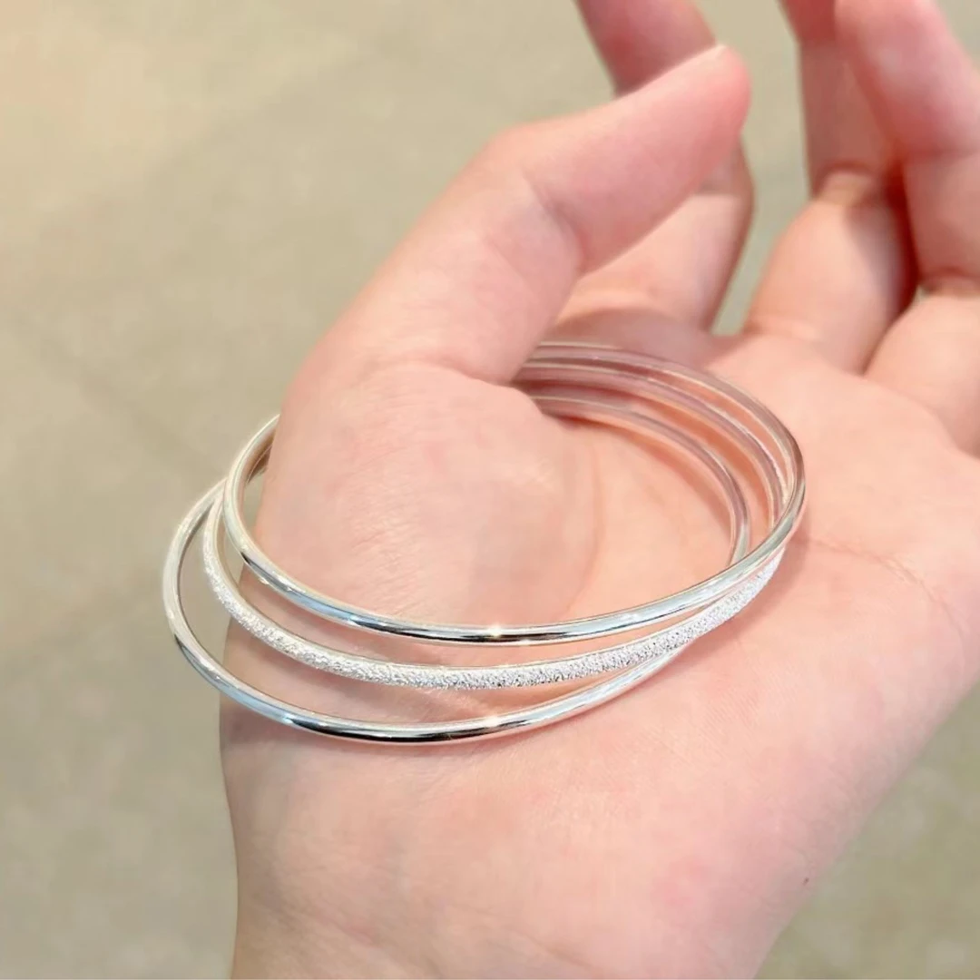 足银手镯  三生三世磨砂亮面交错百搭时尚足银实心手镯SY126