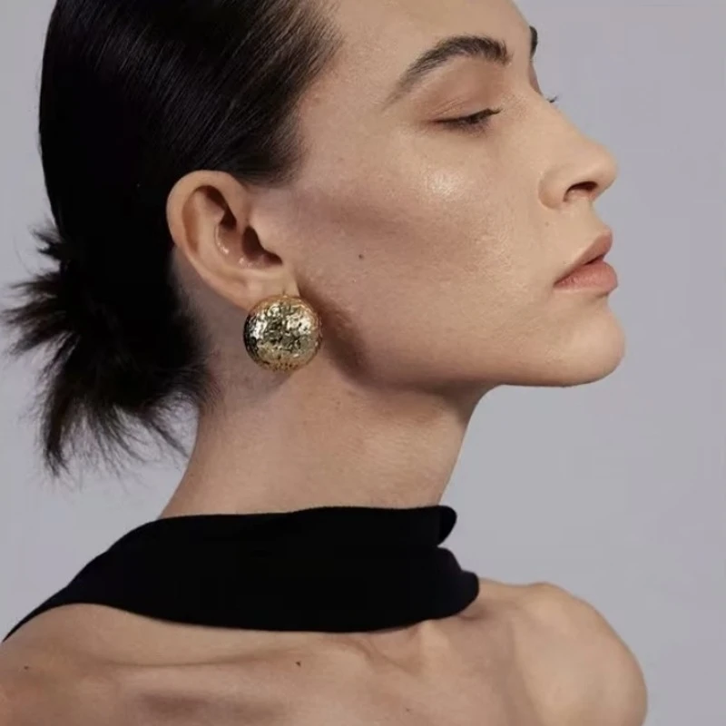 铜合金耳饰 江疏影同款肌理褶皱半圆耳环铜镀18k金气质简约百搭