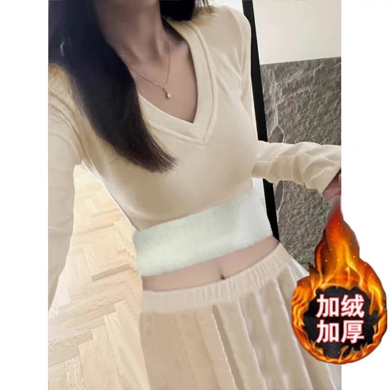 加绒加厚德绒V领长袖T恤秋冬内搭打底衫设计辣妹女生洋气上衣女