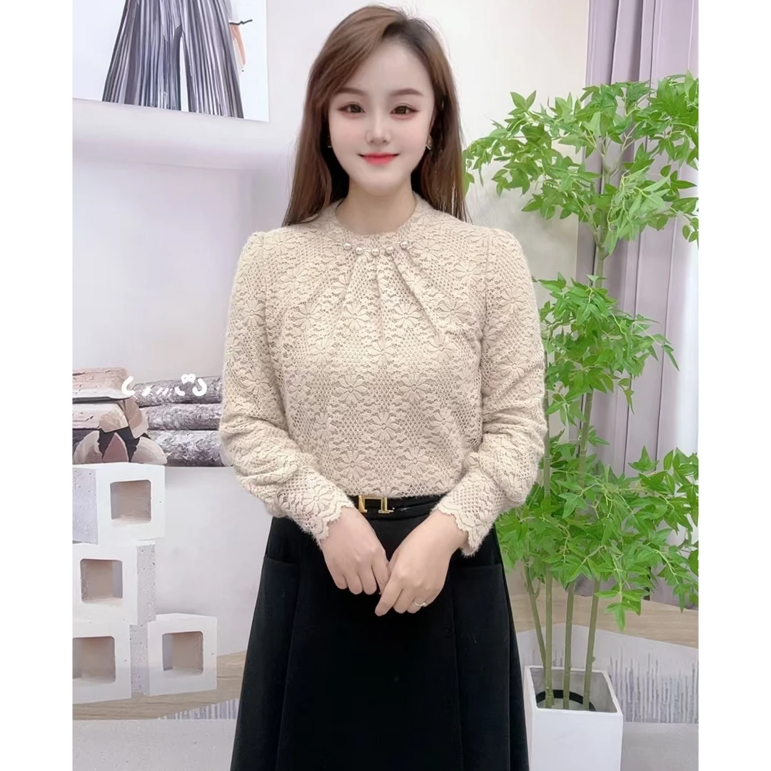 冬款加绒加厚蕾丝长袖衬衫时尚气质百搭上衣洋气镂空打底