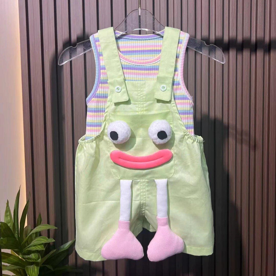 女童夏款2025新款洋气时髦女宝宝背带裤送条纹背心夏季婴(偏小)