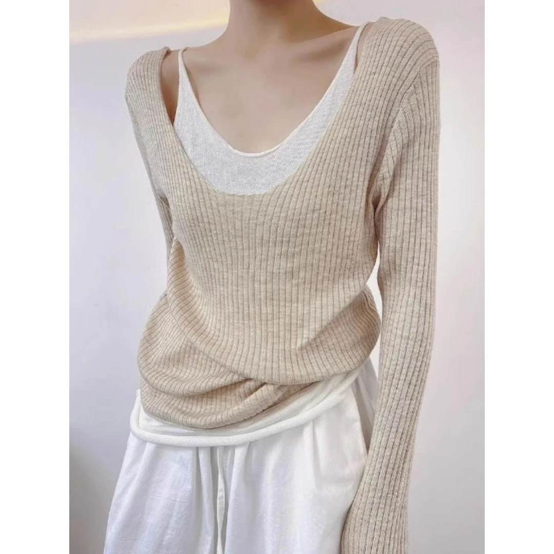 温柔纯欲辣妹假两件针织衫女秋季外穿一字领露肩内搭打底衫手上衣