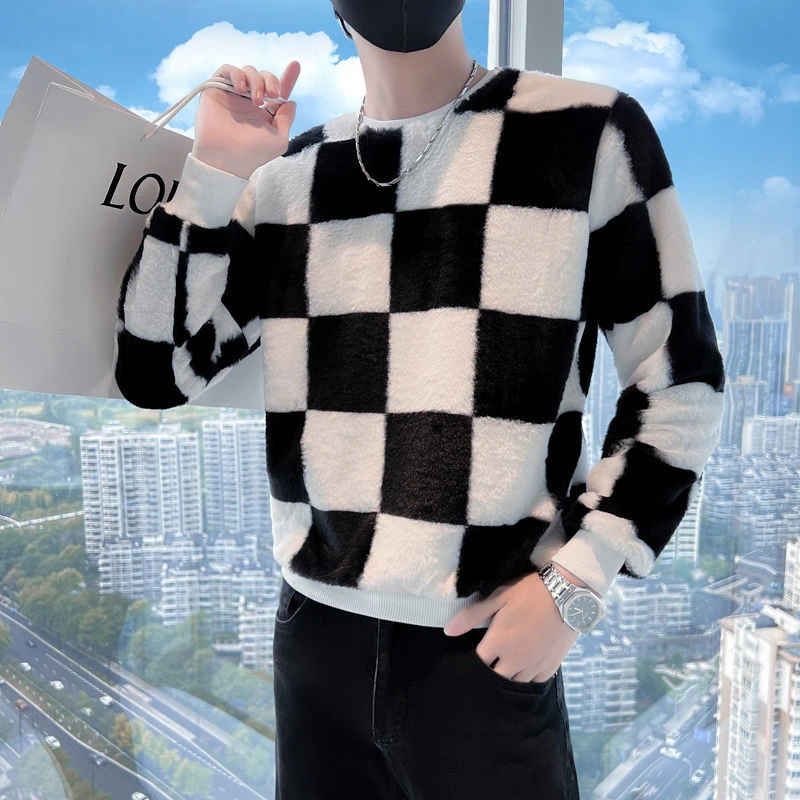 卫衣男小众设计感潮牌格子无帽长袖外套ins毛绒绒春秋款痞帅上衣
