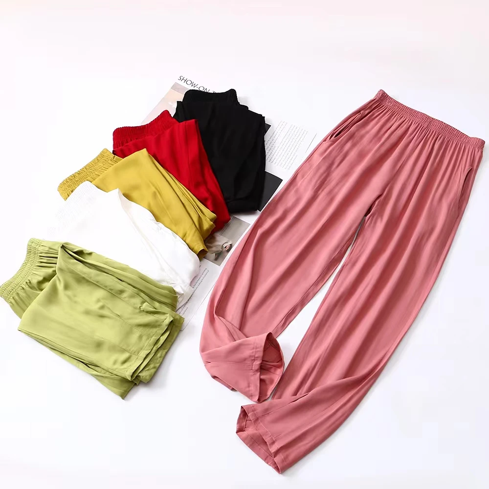 春夏秋季阔腿斜纹人造棉女裤加肥加大奶奶裤宽松纯色防蚊裤百搭