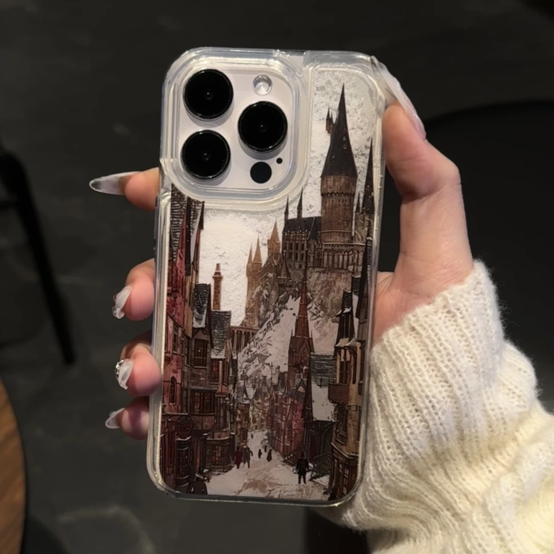 霍格沃兹城堡初雪适用苹果16/15promax高级14软13女12流沙手机壳