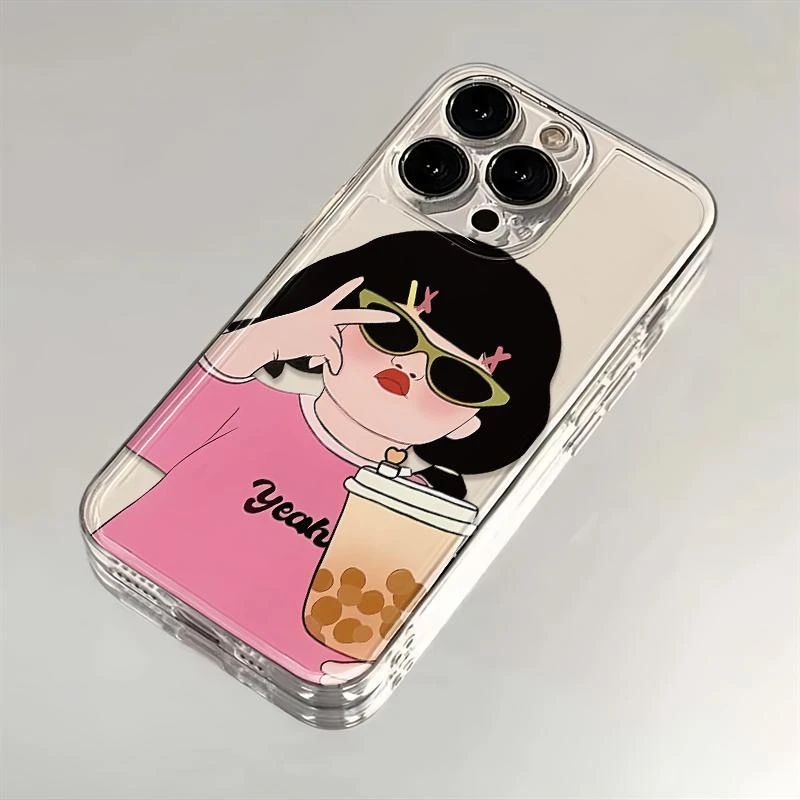 比耶奶茶女孩适用iPhone15苹果14/13promax简约手机壳12/11太空壳