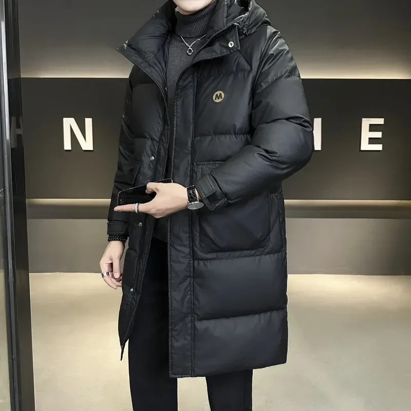 中长款羽绒服男款连帽冬季潮牌2025新款修身纯色百搭三防羽绒服