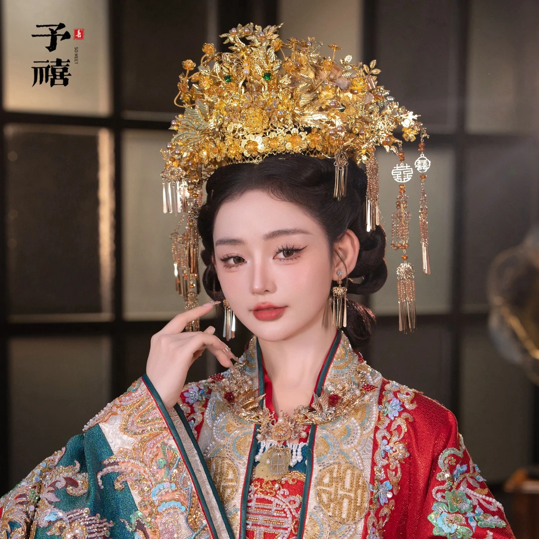 予禧-15230新娘大气饰中式黄色古风汉服秀禾服龙凤褂流苏发饰品