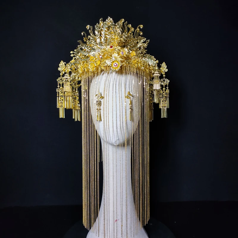 15259喜看优选新娘大气饰中式黄色古风汉服秀禾服龙凤褂流苏发饰