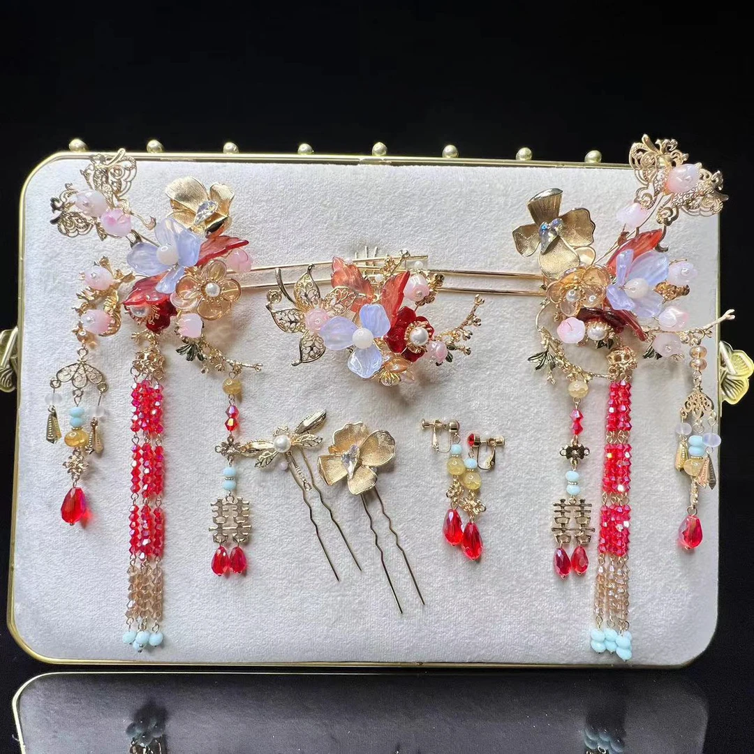 予禧-15182新娘大气头饰中式黄色古风汉服秀禾服龙凤褂流苏发饰品