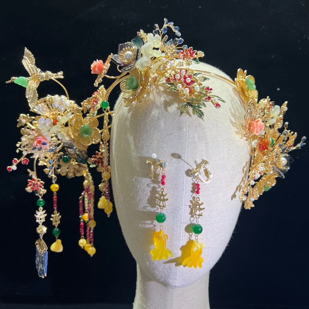 予禧-15152新娘大气头饰中式黄色古风汉服秀禾服龙凤褂流苏发饰品