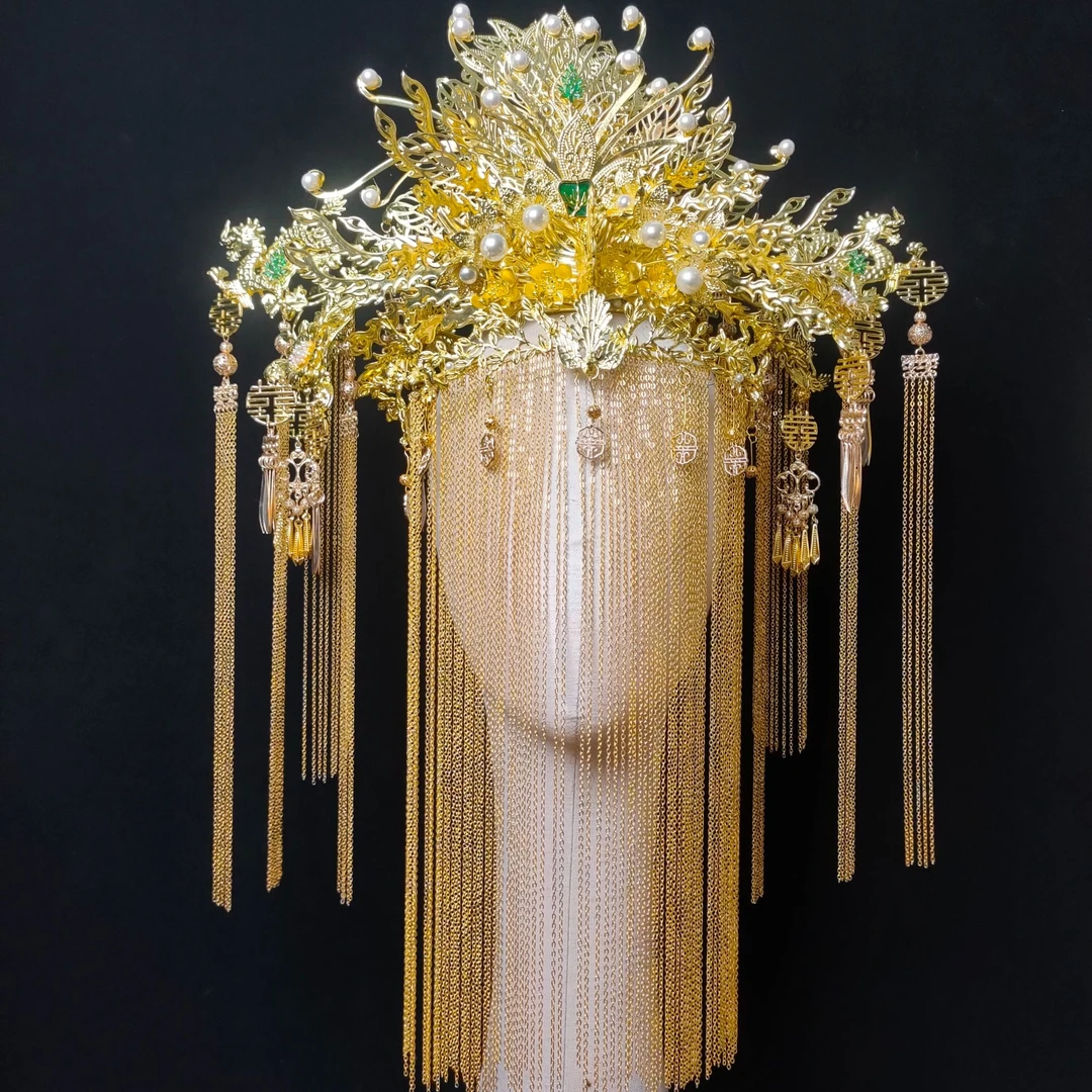 15246喜看优选新娘大气饰中式黄色古风汉服秀禾服龙凤褂流苏发饰