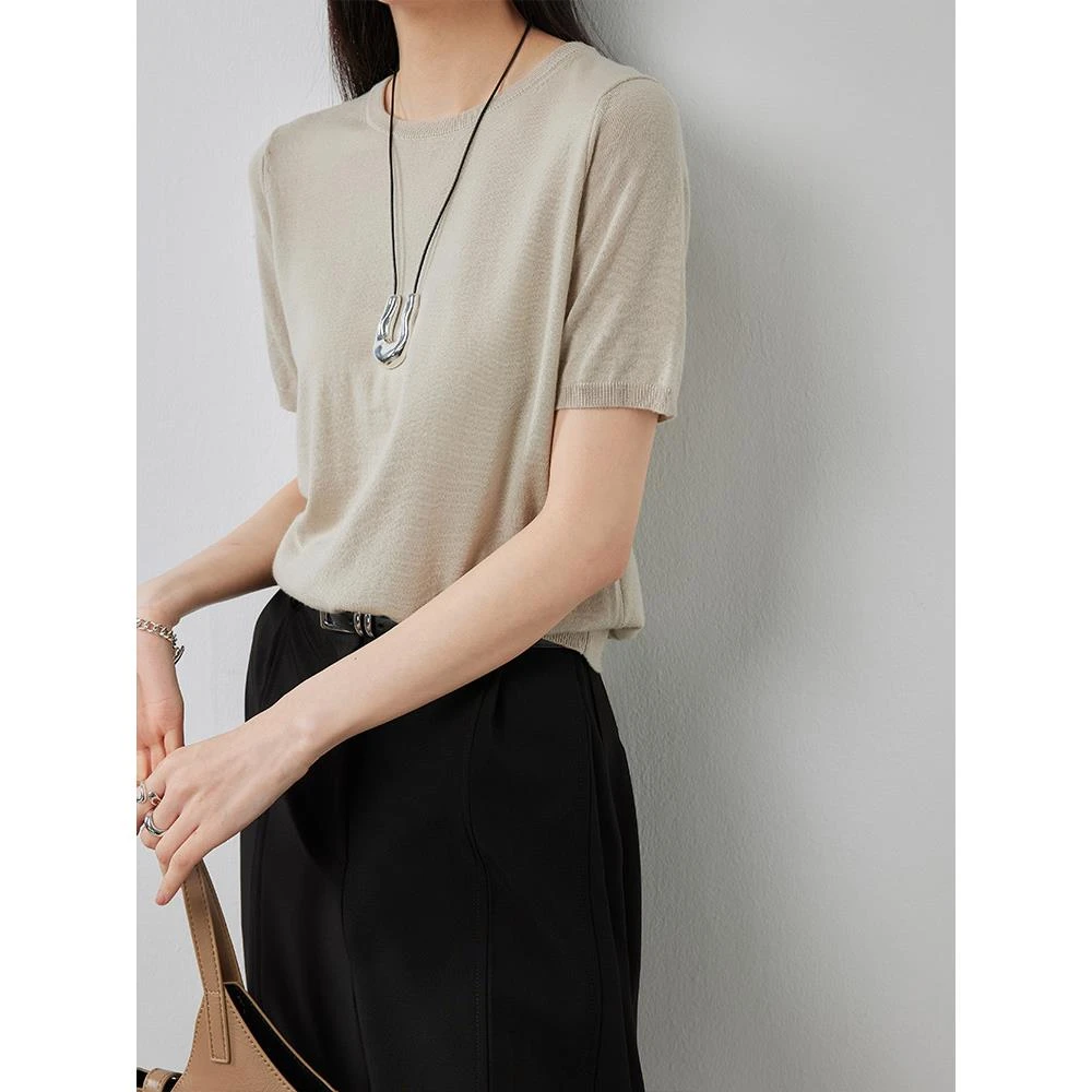 简约纯雅羊毛针织衫女春夏新品小个子轻薄圆领短袖T恤女上衣