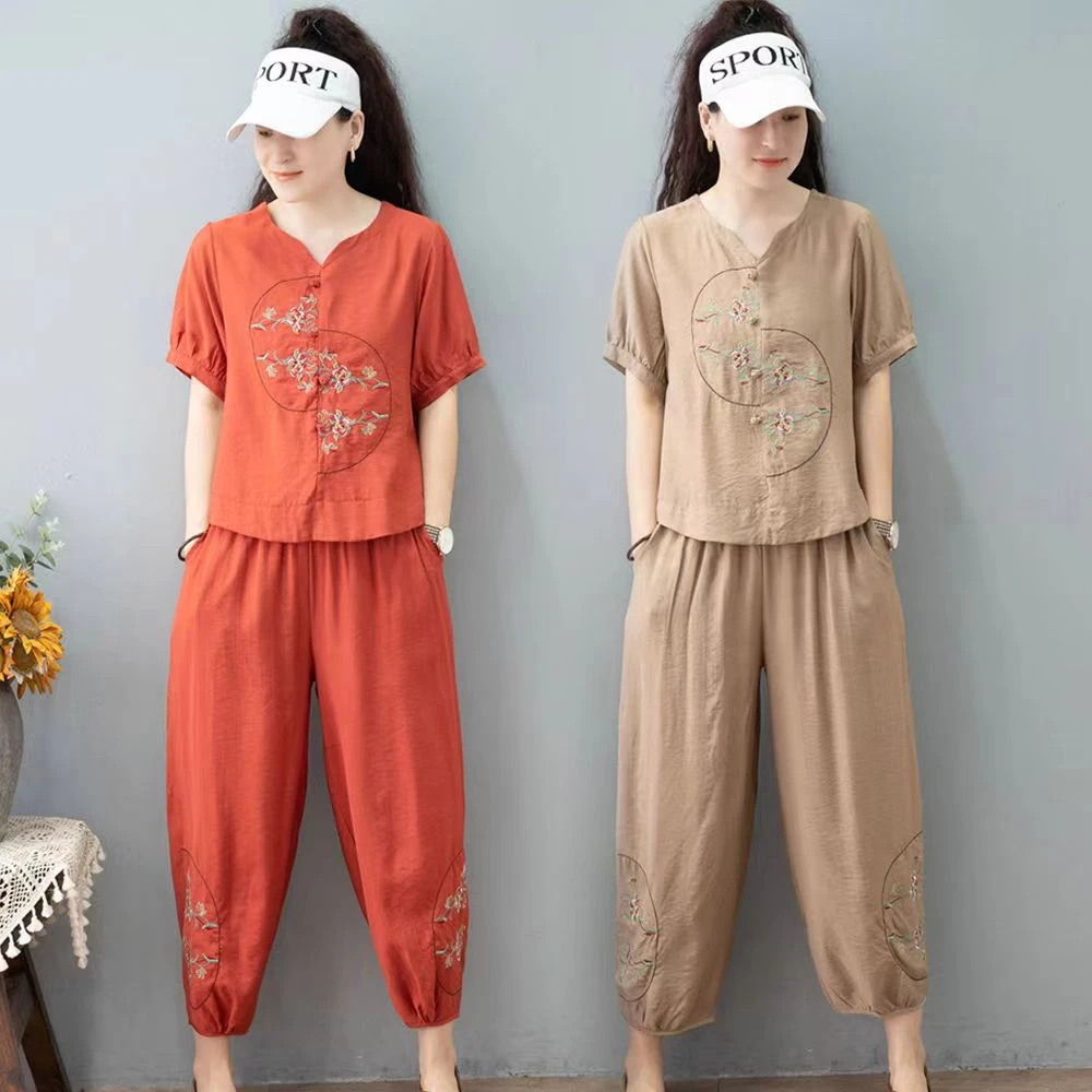 中年妈妈装夏季新款减龄时尚套装刺绣棉麻短袖上衣大码宽松两件套
