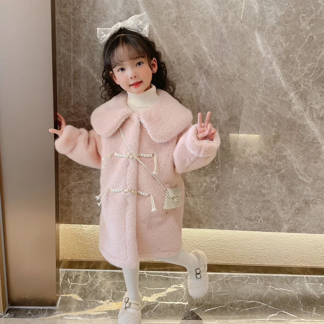 【 新粉浮力】女童加绒加厚毛毛大衣洋气精致大衣女宝宝冬款中长款