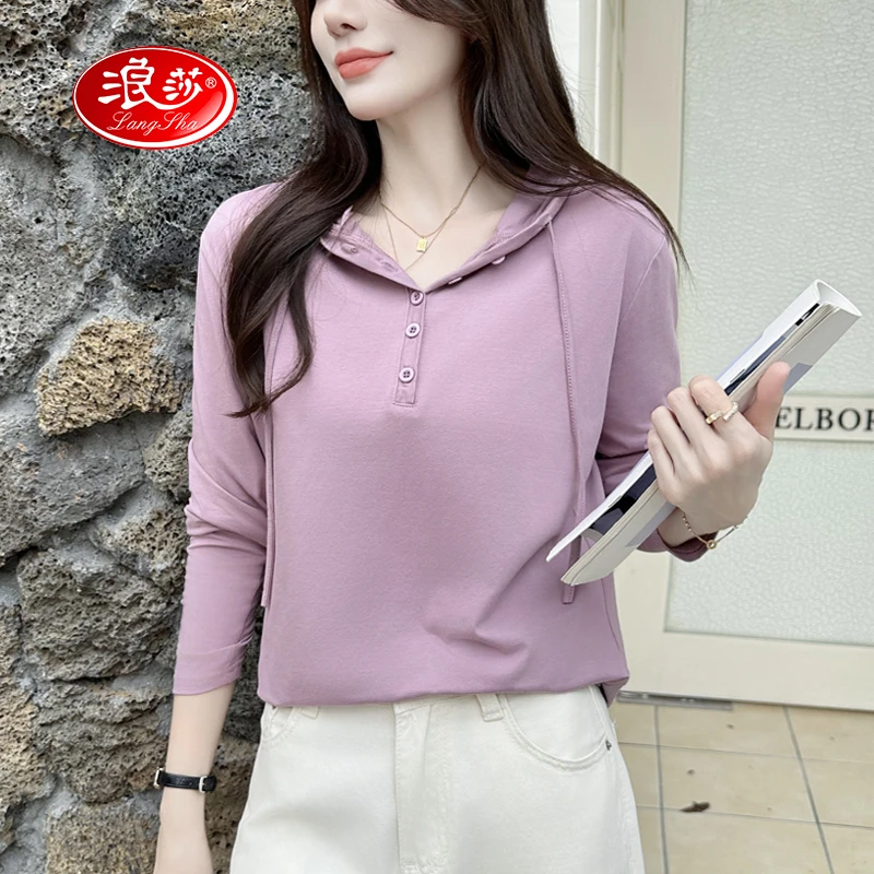 浪莎休闲连帽长袖T恤女薄款秋衣棉质连帽衫女卫衣简约时尚上衣服