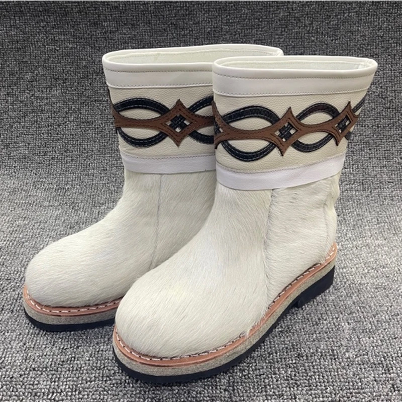 623-1白色女士马皮雪地靴皮靴蒙靴东北棉靴靴子短筒厚底民族风.