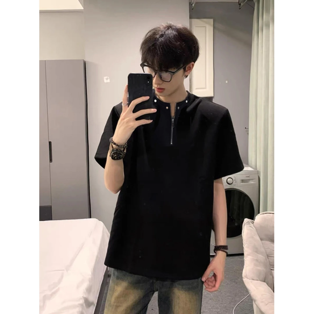 铆钉半拉链垫肩重磅300g短袖t恤男夏季美式高街潮牌痞帅五分半袖