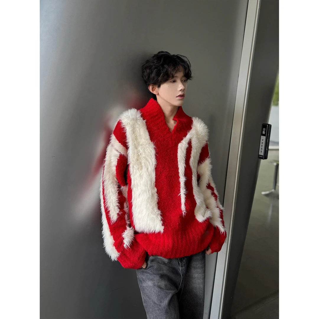 安可雷圣诞V领软糯毛衣针织衫男秋冬美式复古潮牌慵懒风情侣线衣