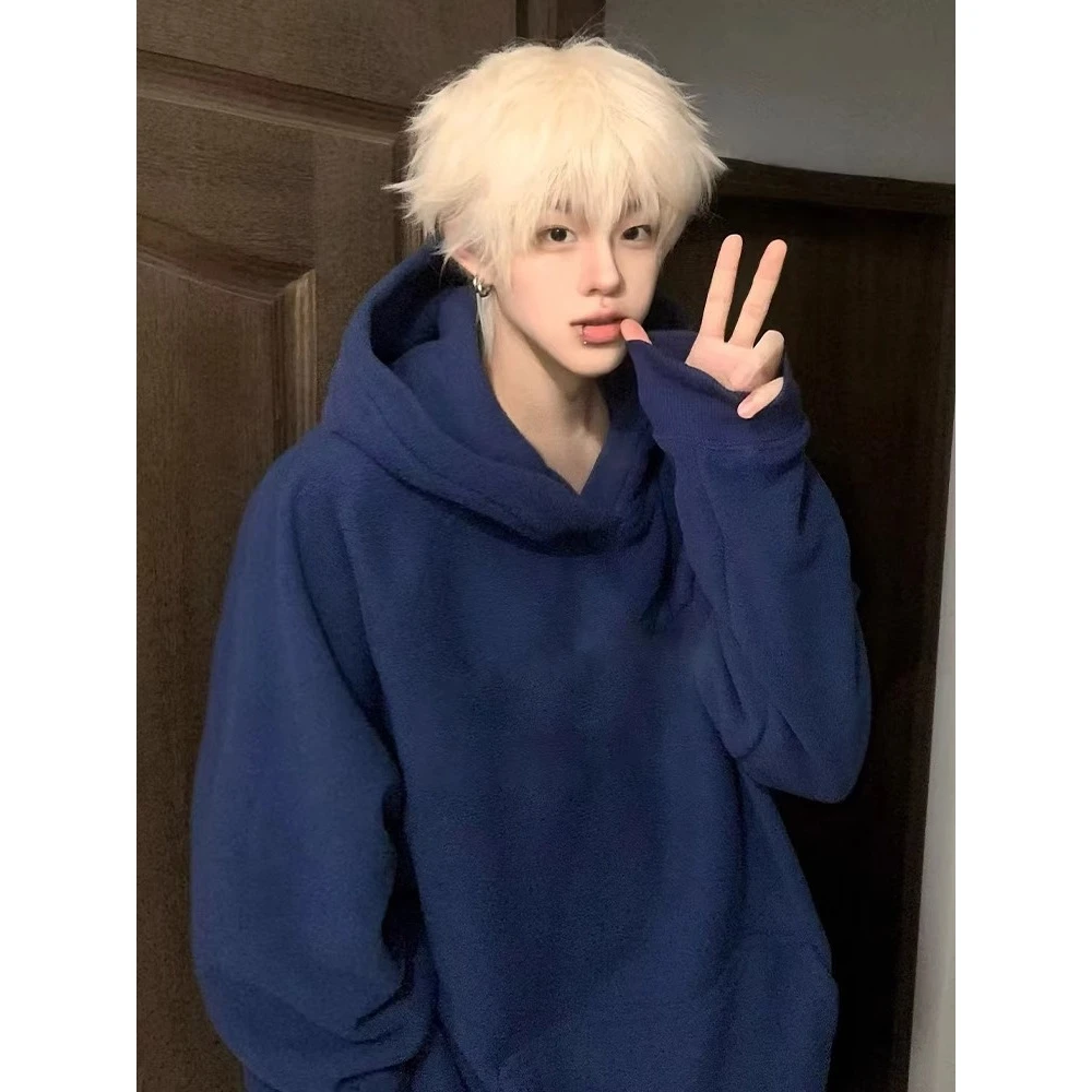 藏青色重磅500g加绒卫衣男款秋冬保暖美式潮牌少年感大码连帽外套