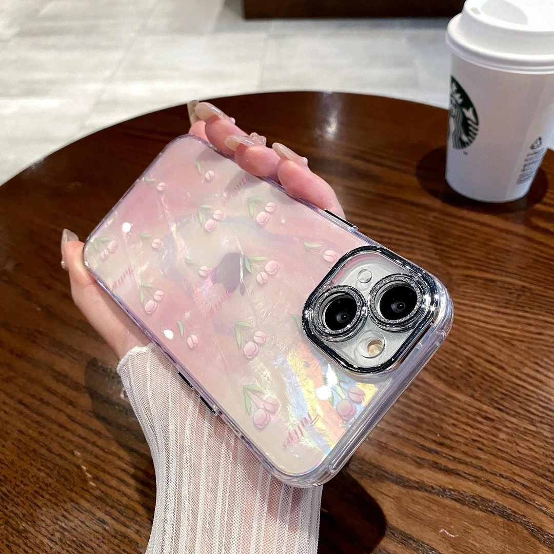 苹果贝壳纹粉色郁金香唯美梦幻镜头膜手机壳iPhone14promax/13/12