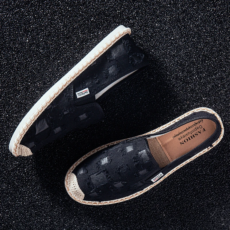 春夏布鞋男一脚蹬渔夫鞋懒人鞋洞洞鞋黑色豆豆潮鞋中国风休闲平底