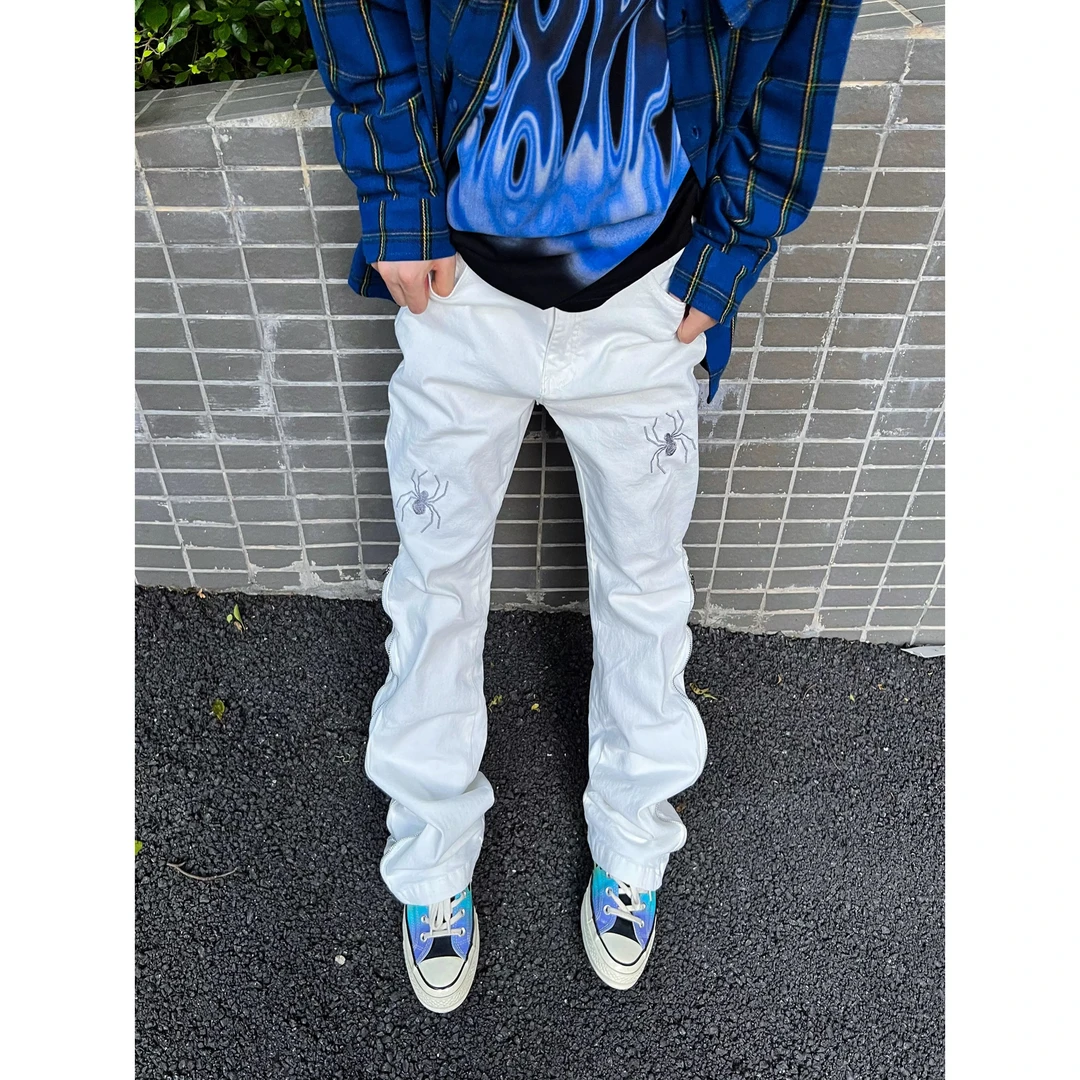 F383 2023AW国潮原创美式街头直筒修身蜘蛛字母刺绣拉链长裤男女