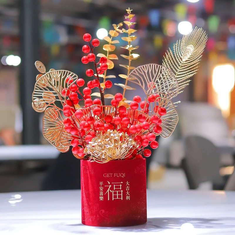 春节装饰布置摆件发财果仿真花元旦过年福桶插花年宵花新年