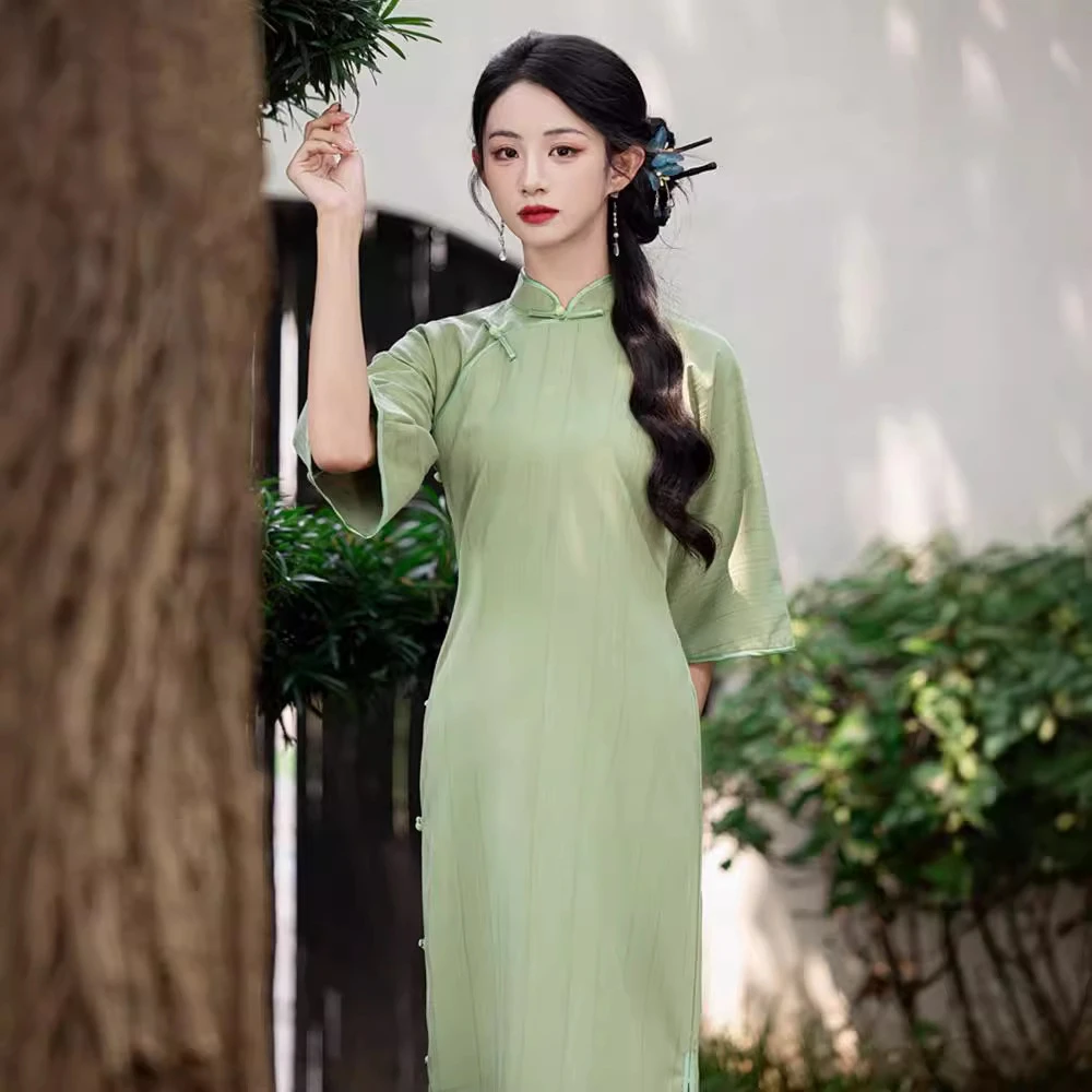 贝之韵复古优雅民国风绿色倒大袖旗袍2024年秋季新款改良日常可穿