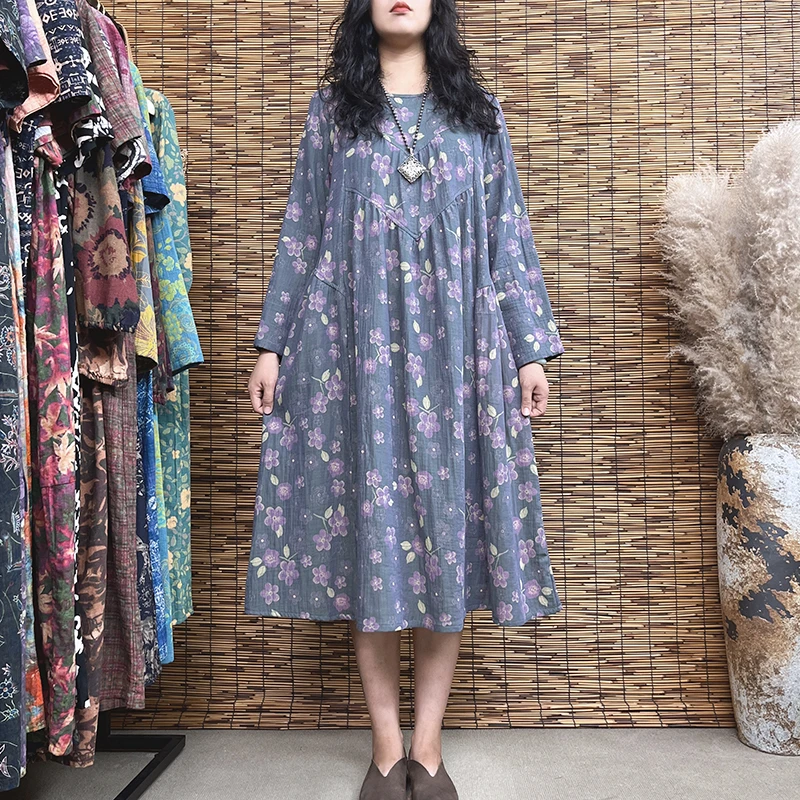 2851#秋季新款女装文艺复古时尚气质民族风宽松过膝长袖连衣裙