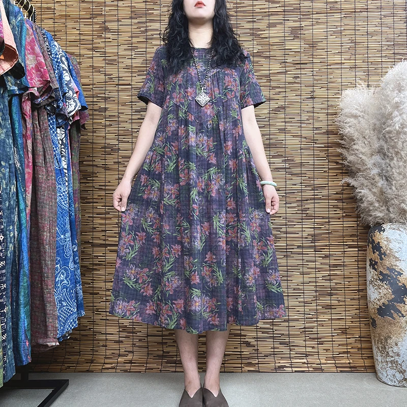 9885#夏季新款女装时尚复古妈妈装民族风气质大码显瘦宽松连衣裙