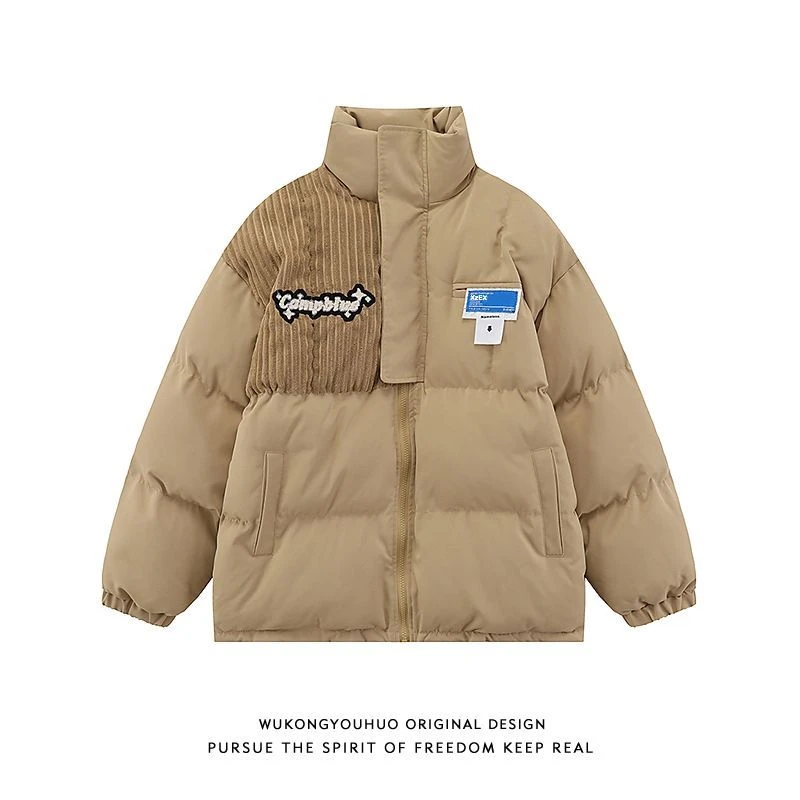 美式复古秋冬个性拼接立领加厚棉衣外套男女潮牌街头宽松保暖棉袄