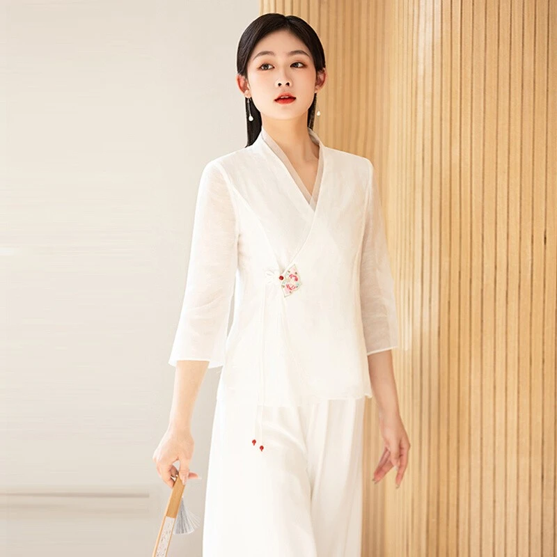 E139 白色汉服女小个子改良唐装女装刺绣上衣