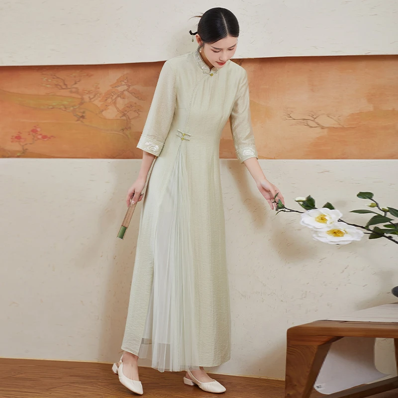 复古夏季气质中式禅意中国风茶艺斜襟拼接绿色女装连衣裙【F558】