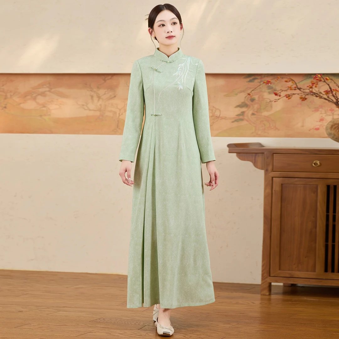 【F985】复古旗袍2025新款高端修身女装改良唐装新中式长袖连衣裙