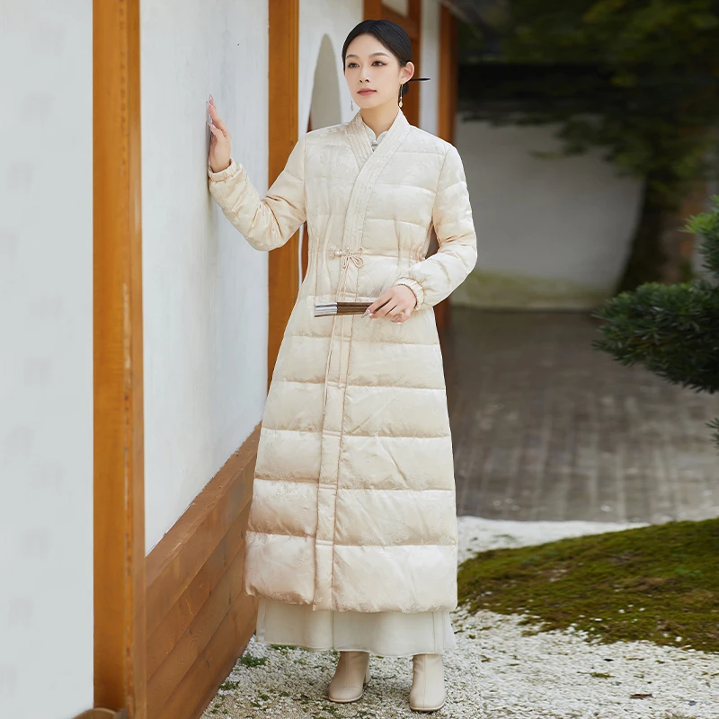 【E630】冬季中长款女士收腰加厚中国风修身香槟色人丝提花羽绒服