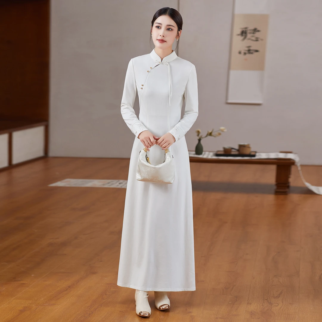 G100 国风新款初秋女装改良高端新中式旗袍针织连衣裙复古禅意