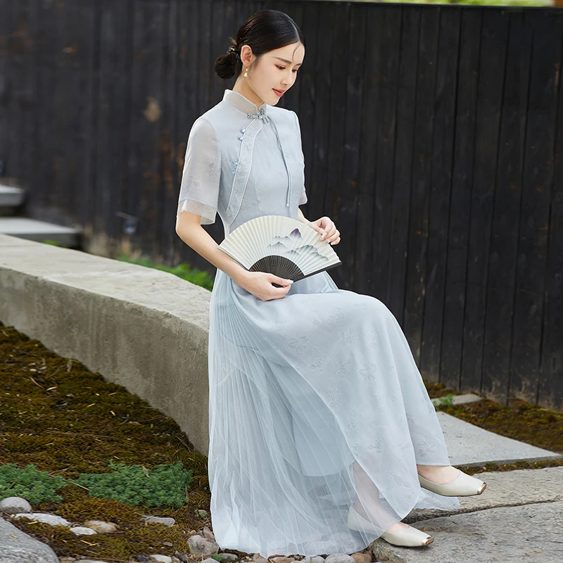 【F747】夏季复古气质文艺中国风禅意日常新中式国风蓝色连衣裙