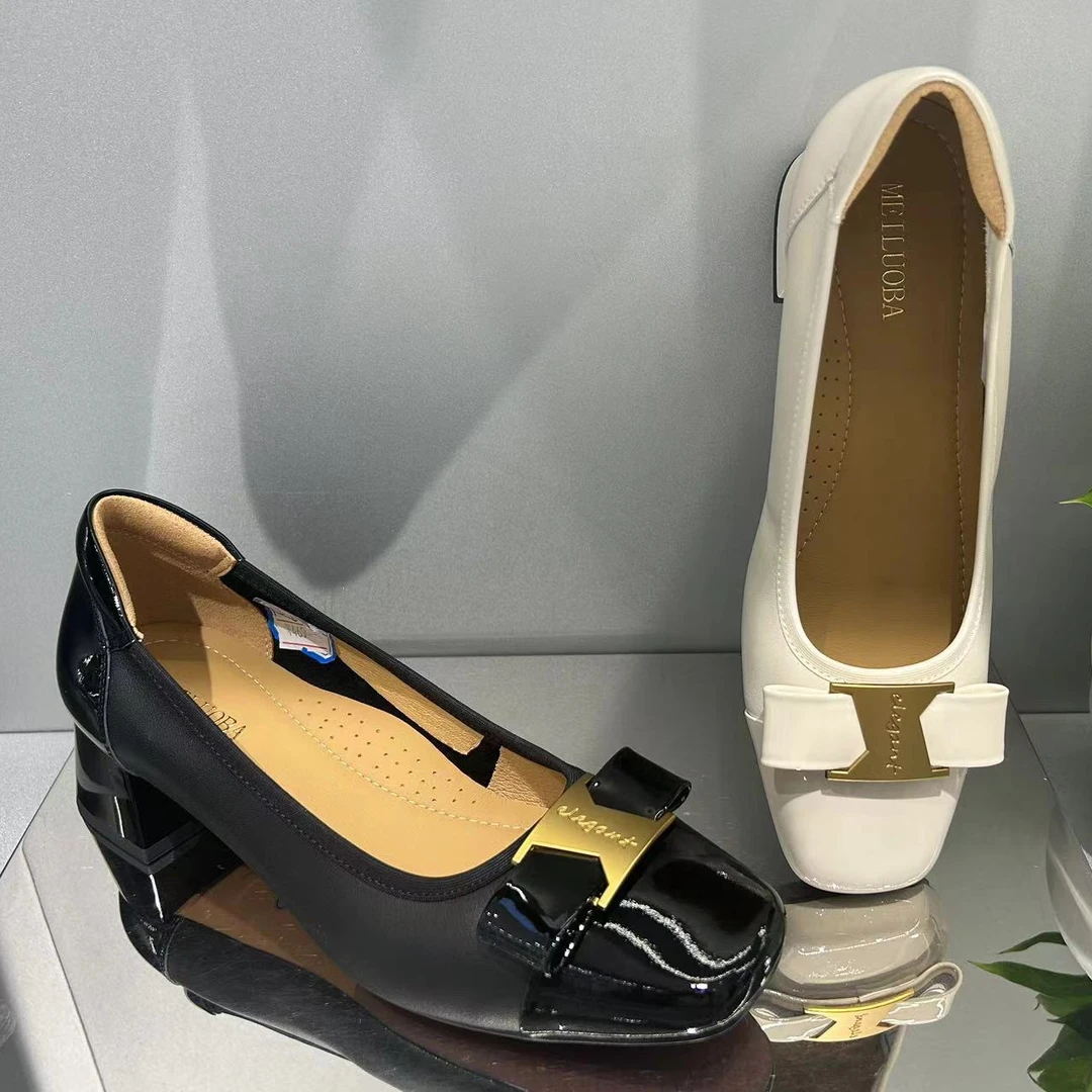 方头粗跟单鞋女2024新款蝴蝶结中跟浅口气质软底真皮高跟鞋美罗巴