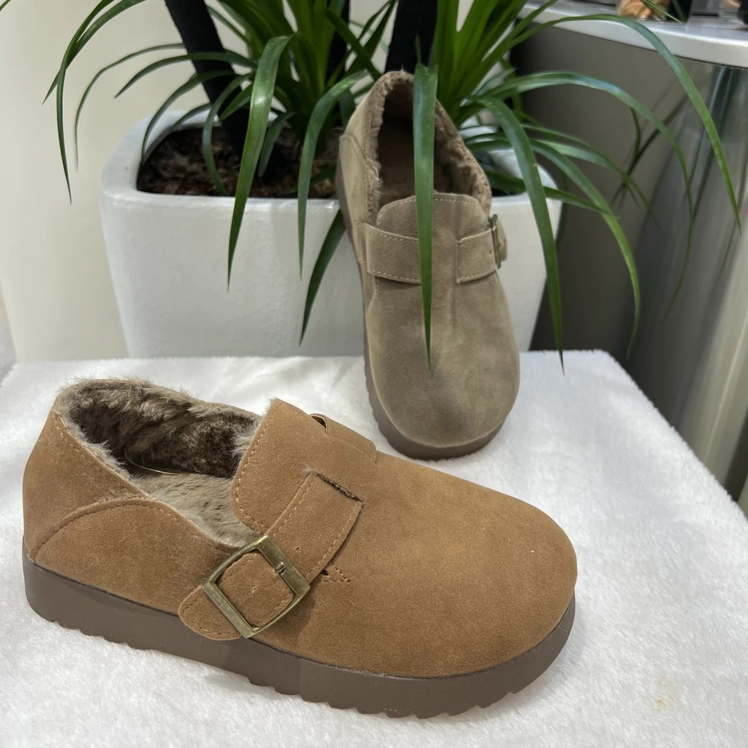 加绒冬季女鞋复古勃肯鞋软底舒适圆头低帮毛毛鞋